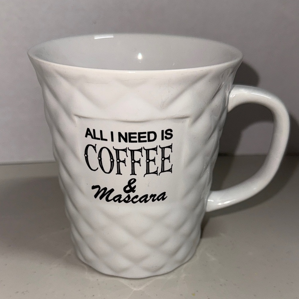 The Old Pottery Company White ceramic mug “All I Need Is Coffee & Mascara” EUC